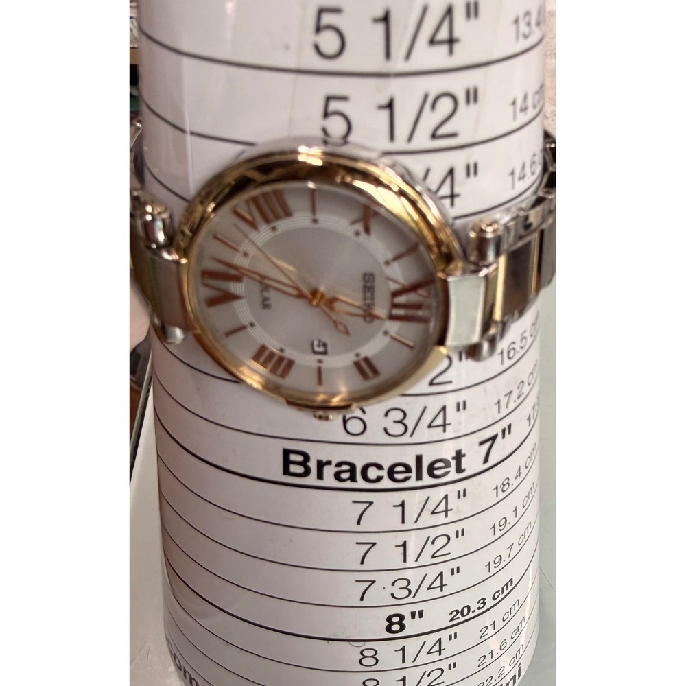 Seiko Solar Women's Two Tone Watch V117-0CF0 Roman Numeral Date Bracelet - Picture 10 of 11